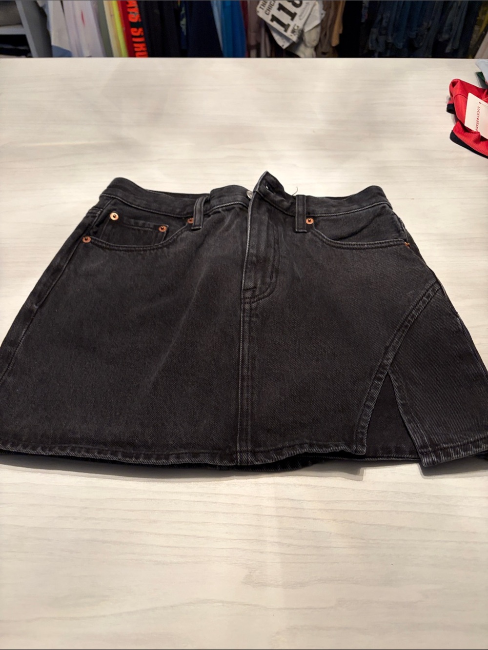 Pistola “Rhea” Black Washed Denim A-Line Mini Skirt